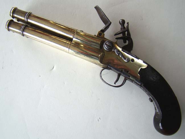 A Unique large 18th century brass barrel tap action four barrel flintlock volley pistol — image 4